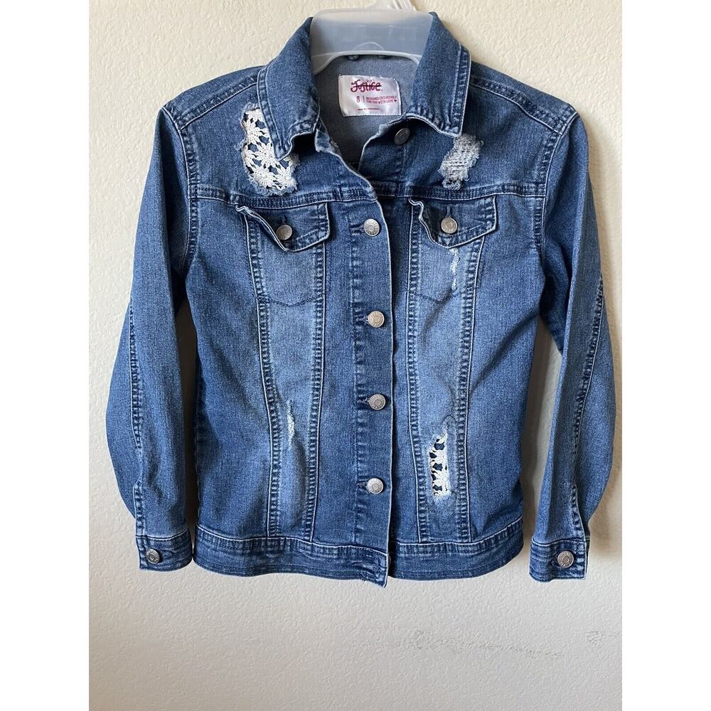 Justice Med Wash Collared Button Up Long Sleeve Distressed Denim Jacket Size 8
